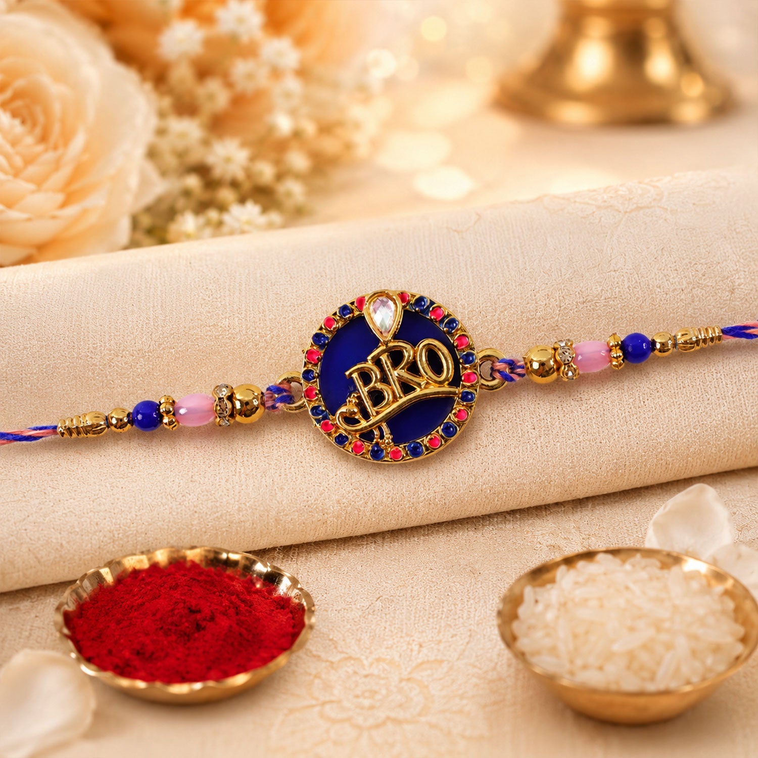 Bro Text Round Stone Studded Premium Designer Rakhi for Brother