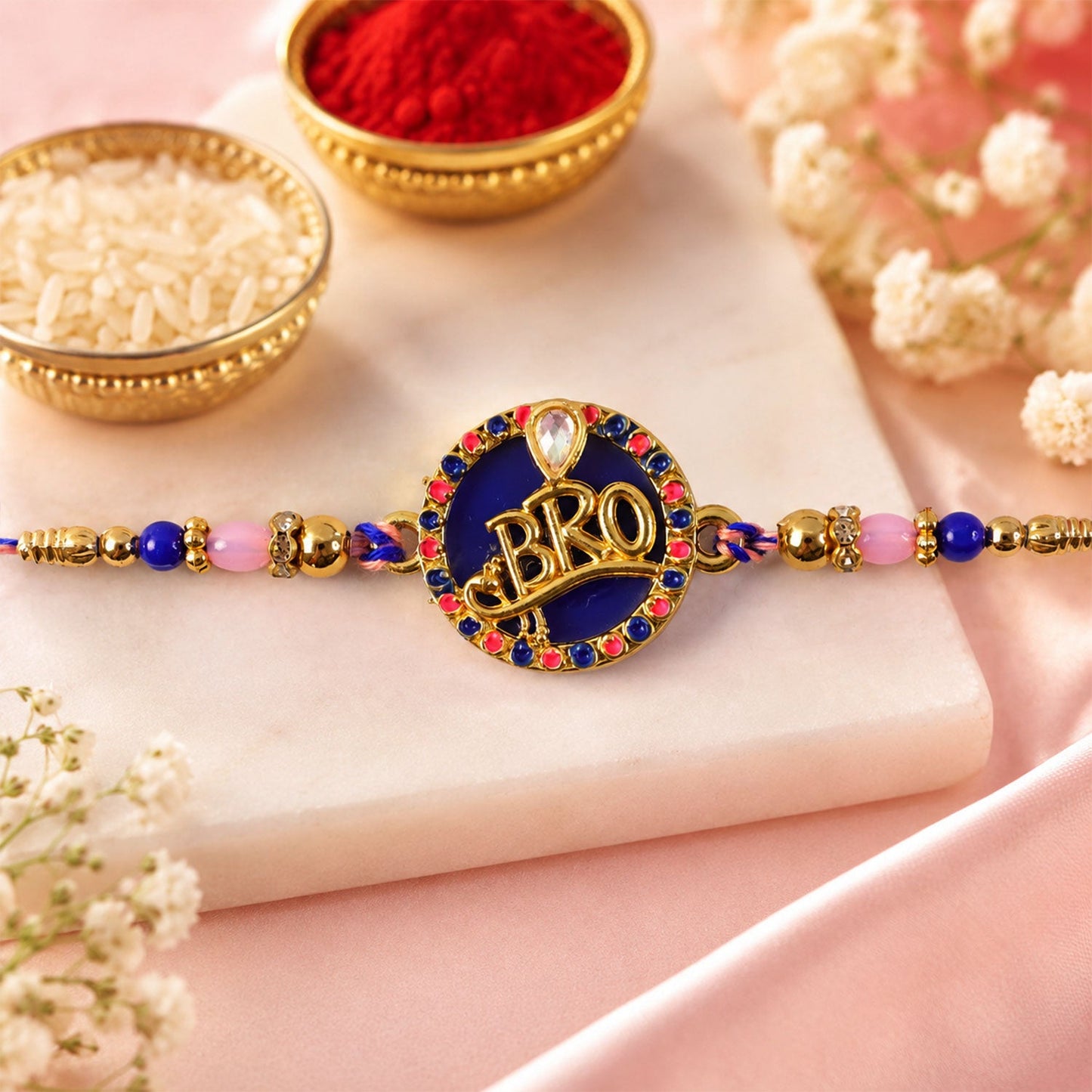 Bro Text Round Stone Studded Premium Designer Rakhi for Brother