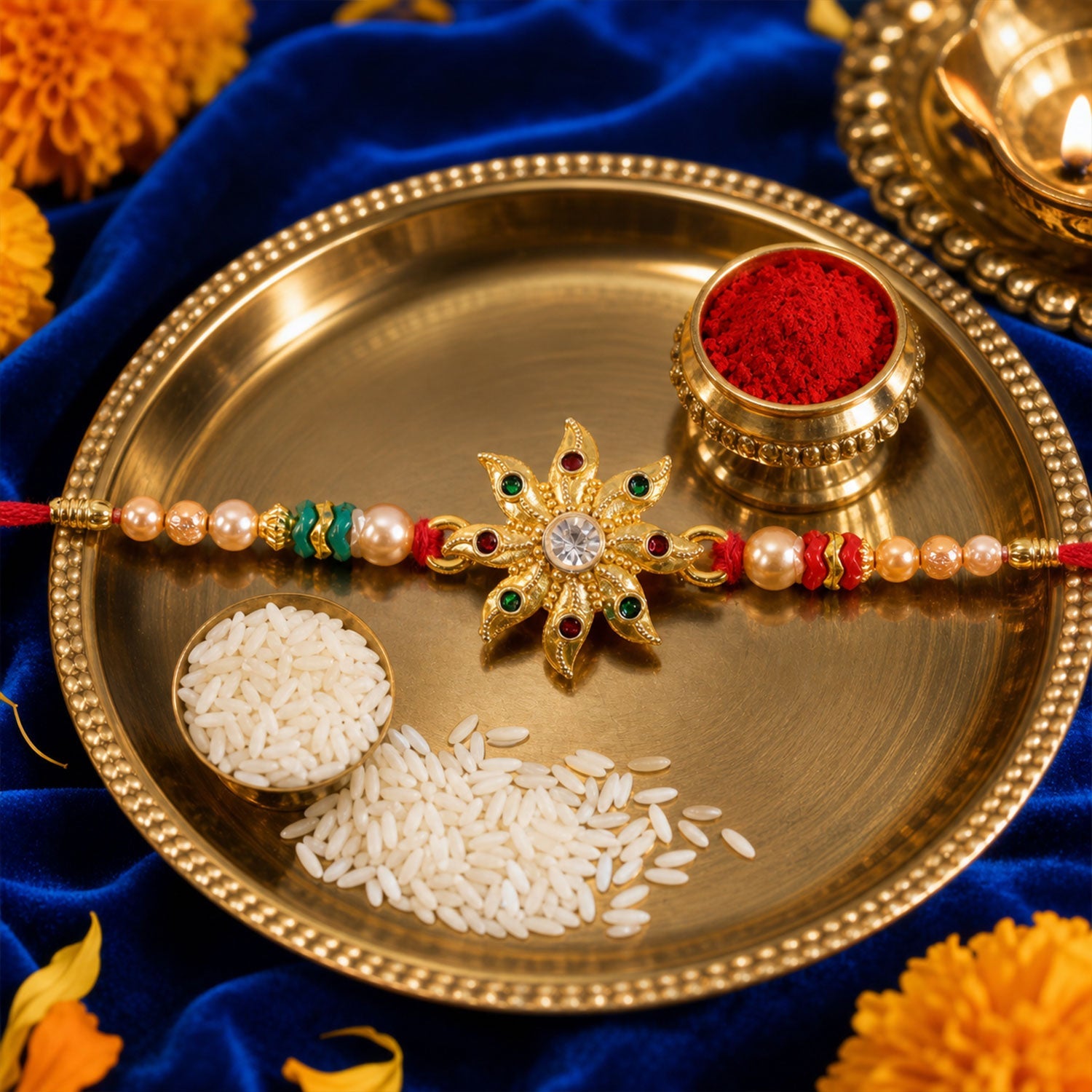 Floral Star Motif Stone Studded Premium Designer Rakhi for Brother