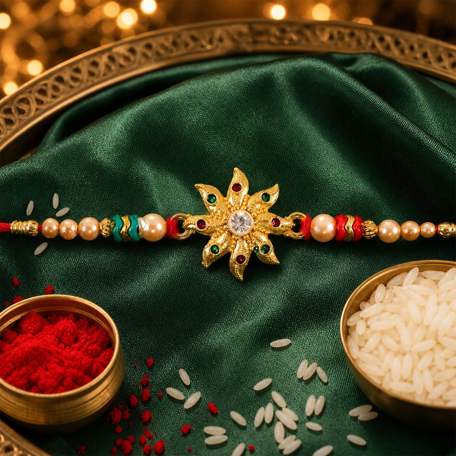 Floral Star Motif Stone Studded Premium Designer Rakhi for Brother