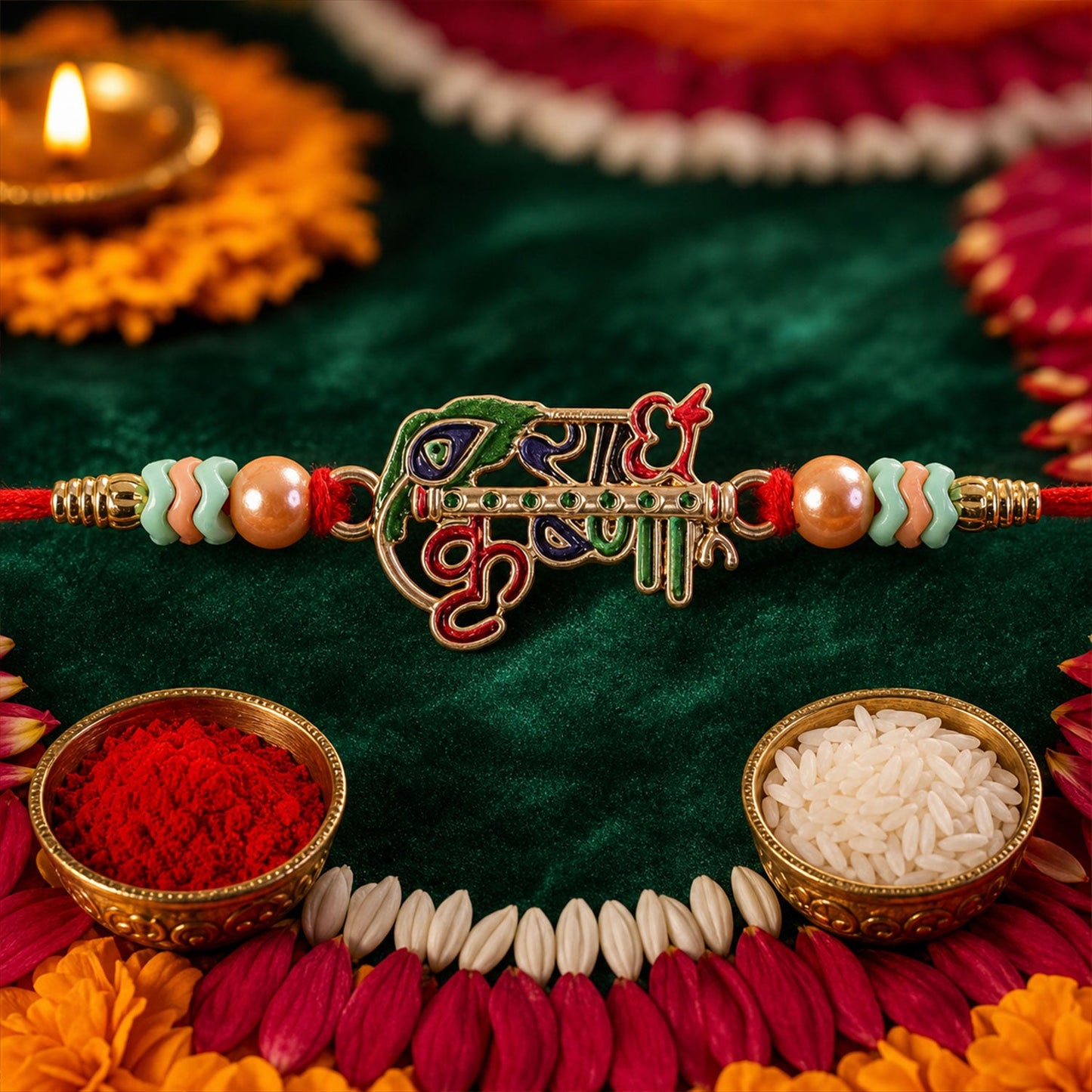 Radha Krishna Text Decorative Premium Beaded Designer Rakhi for Brother