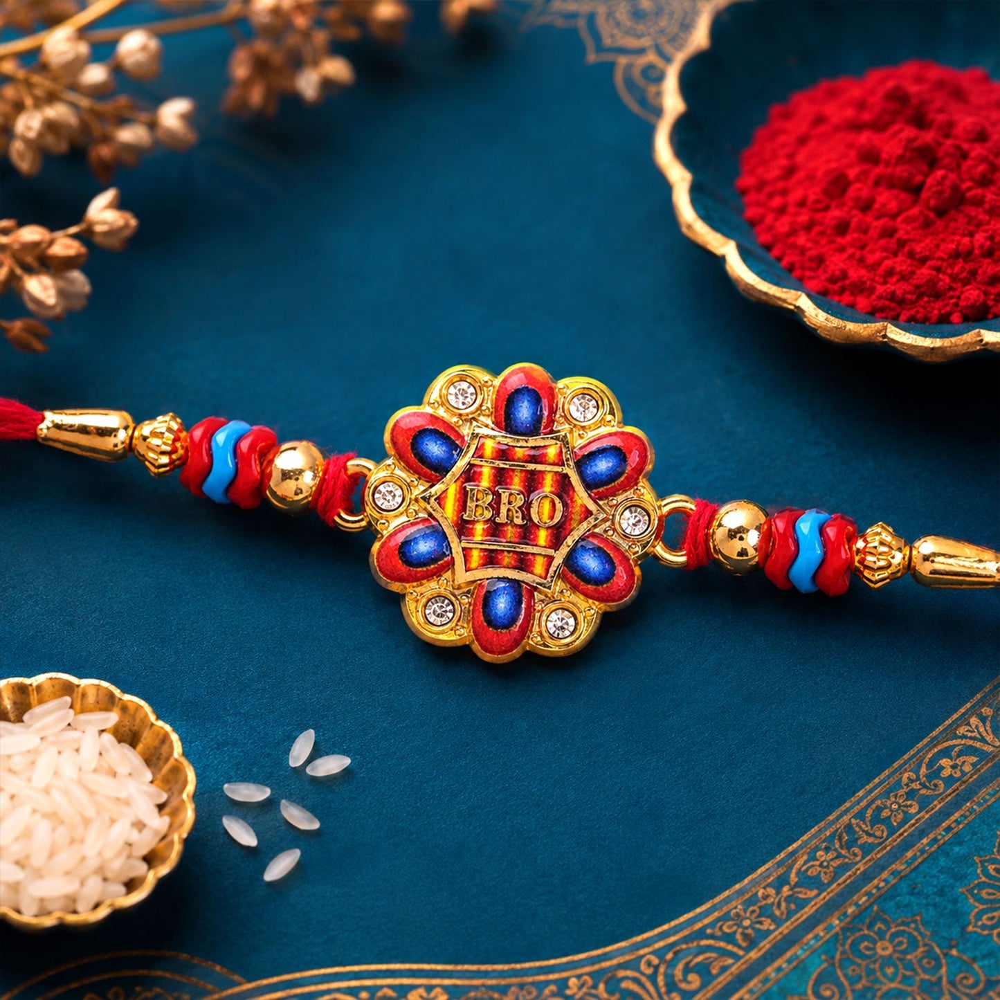 Bro Text Floral Stone Studded Premium Designer Rakhi for Brother