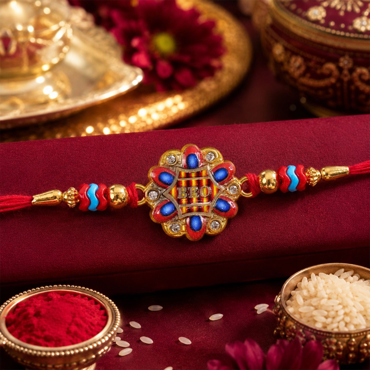 Bro Text Floral Stone Studded Premium Designer Rakhi for Brother