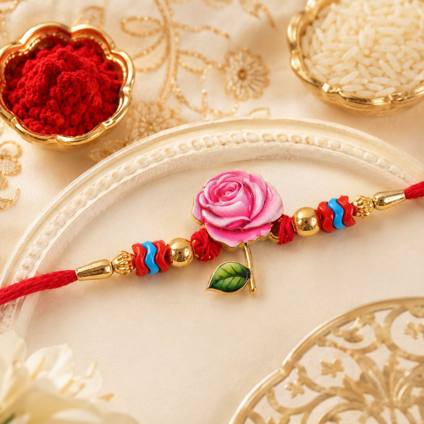 Rose Flower Charm Traditional Beaded Designer Rakhi for Brother
