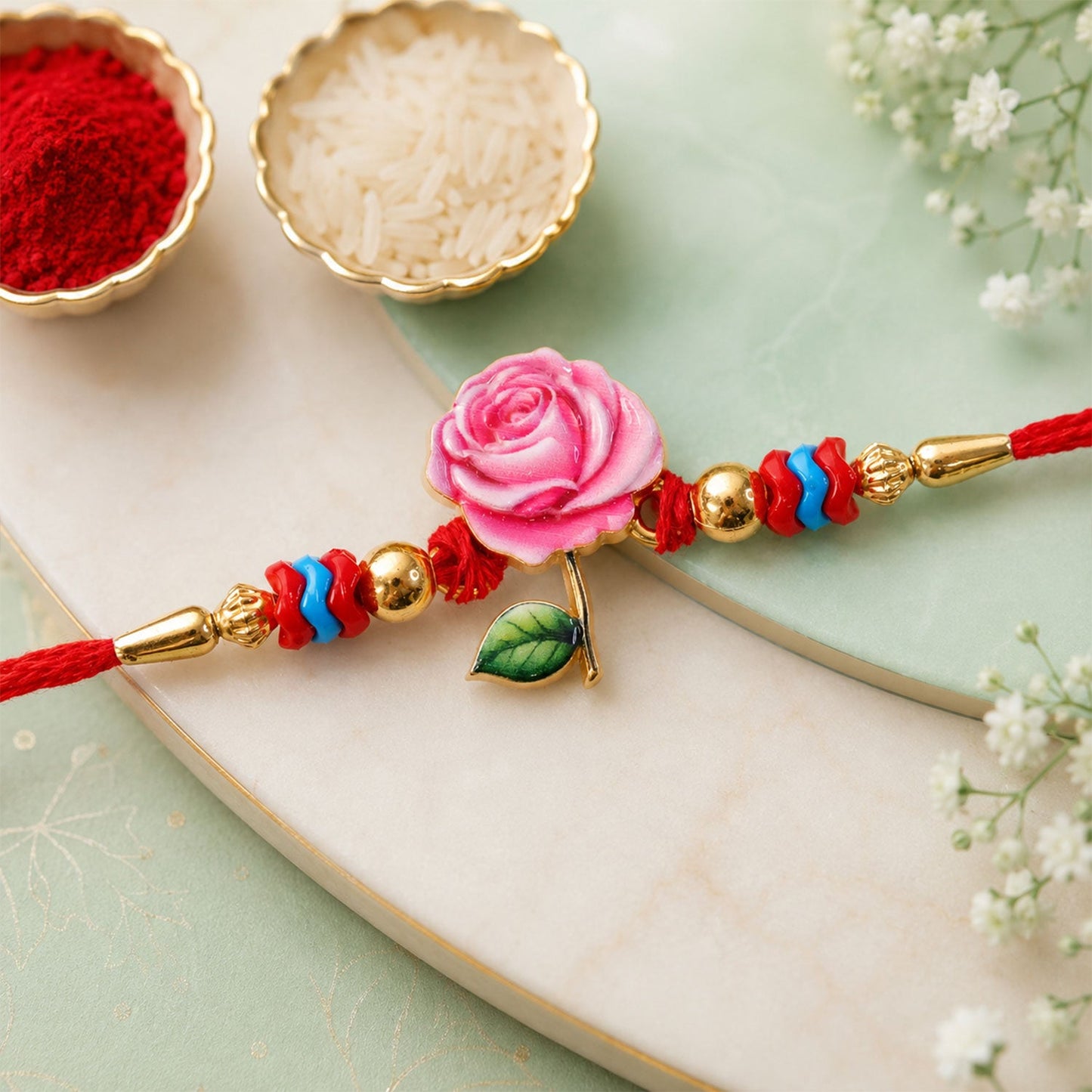 Rose Flower Charm Traditional Beaded Designer Rakhi for Brother