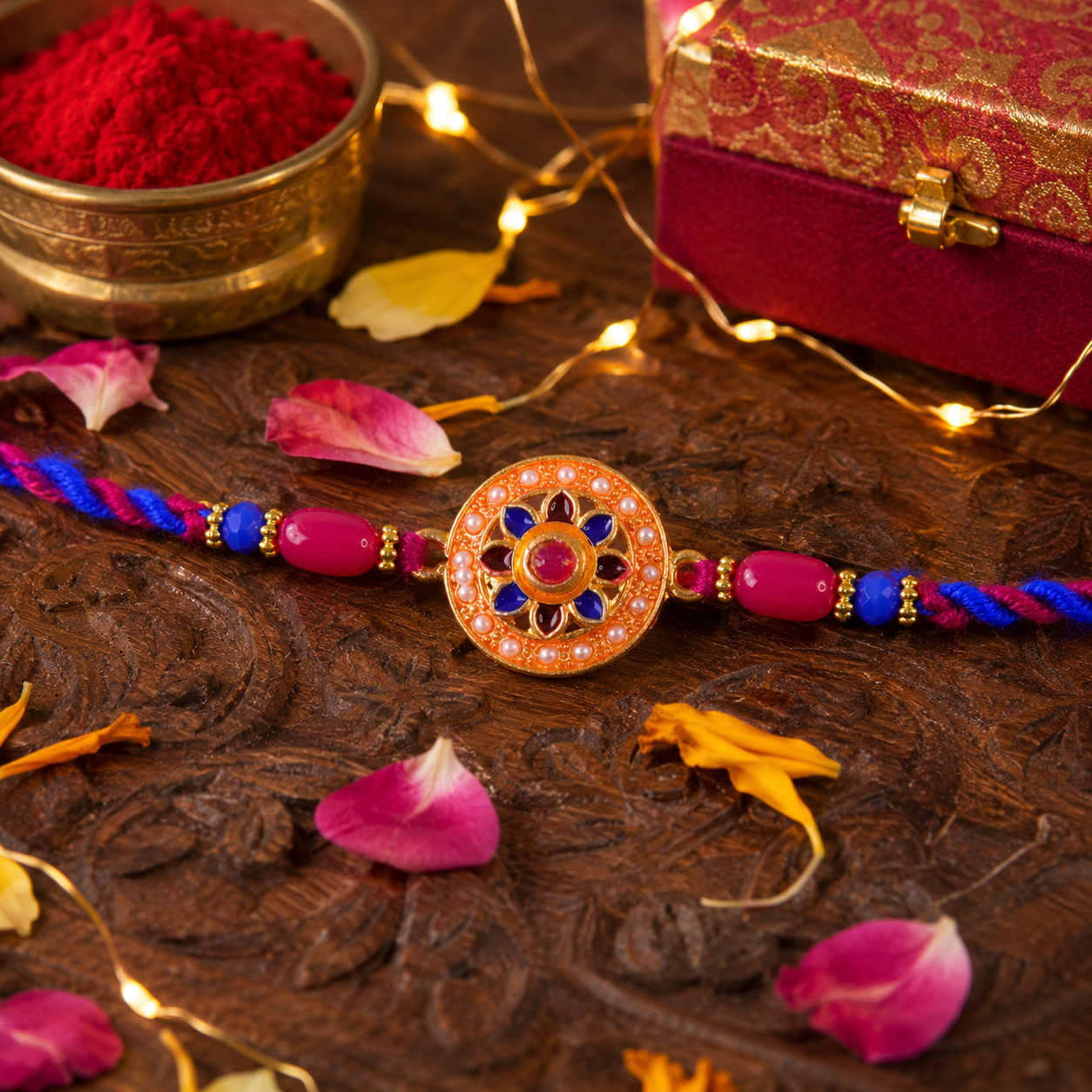 Round Floral Stone Studded Premium Designer Rakhi for Brother