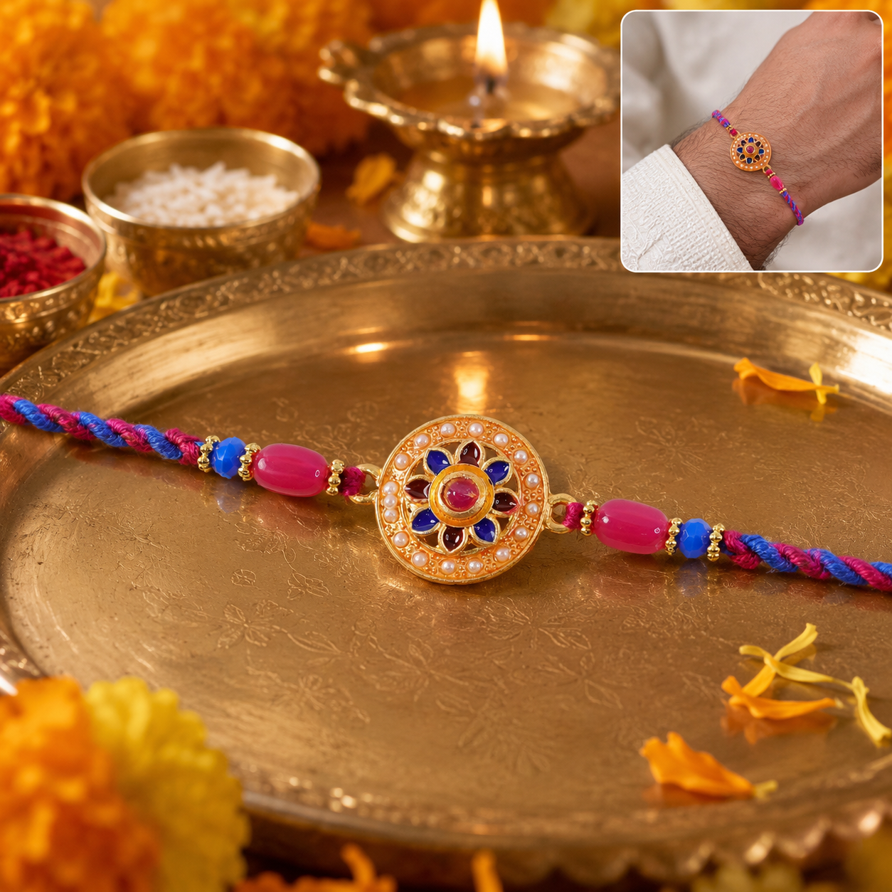 Round Floral Stone Studded Premium Designer Rakhi for Brother