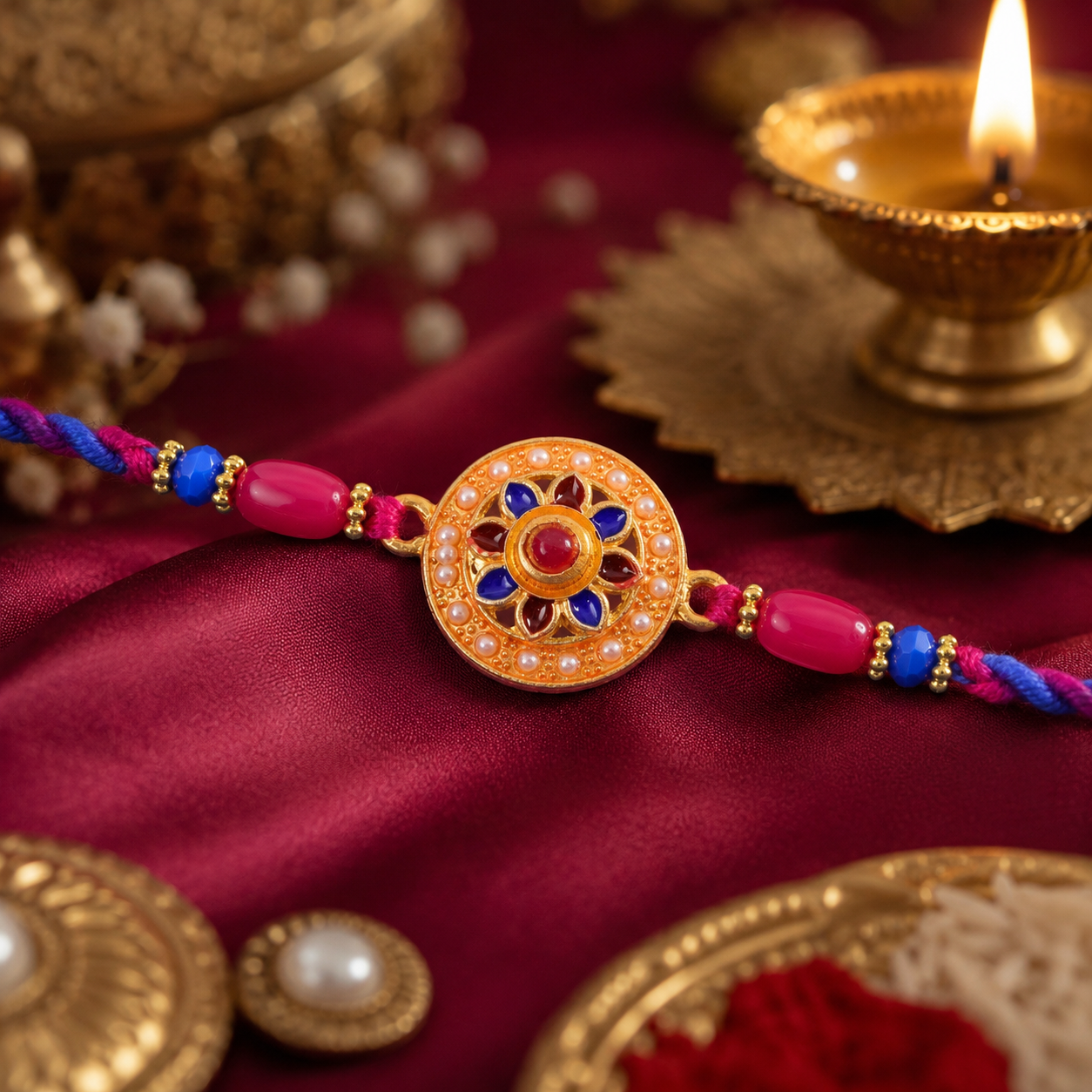 Round Floral Stone Studded Premium Designer Rakhi for Brother