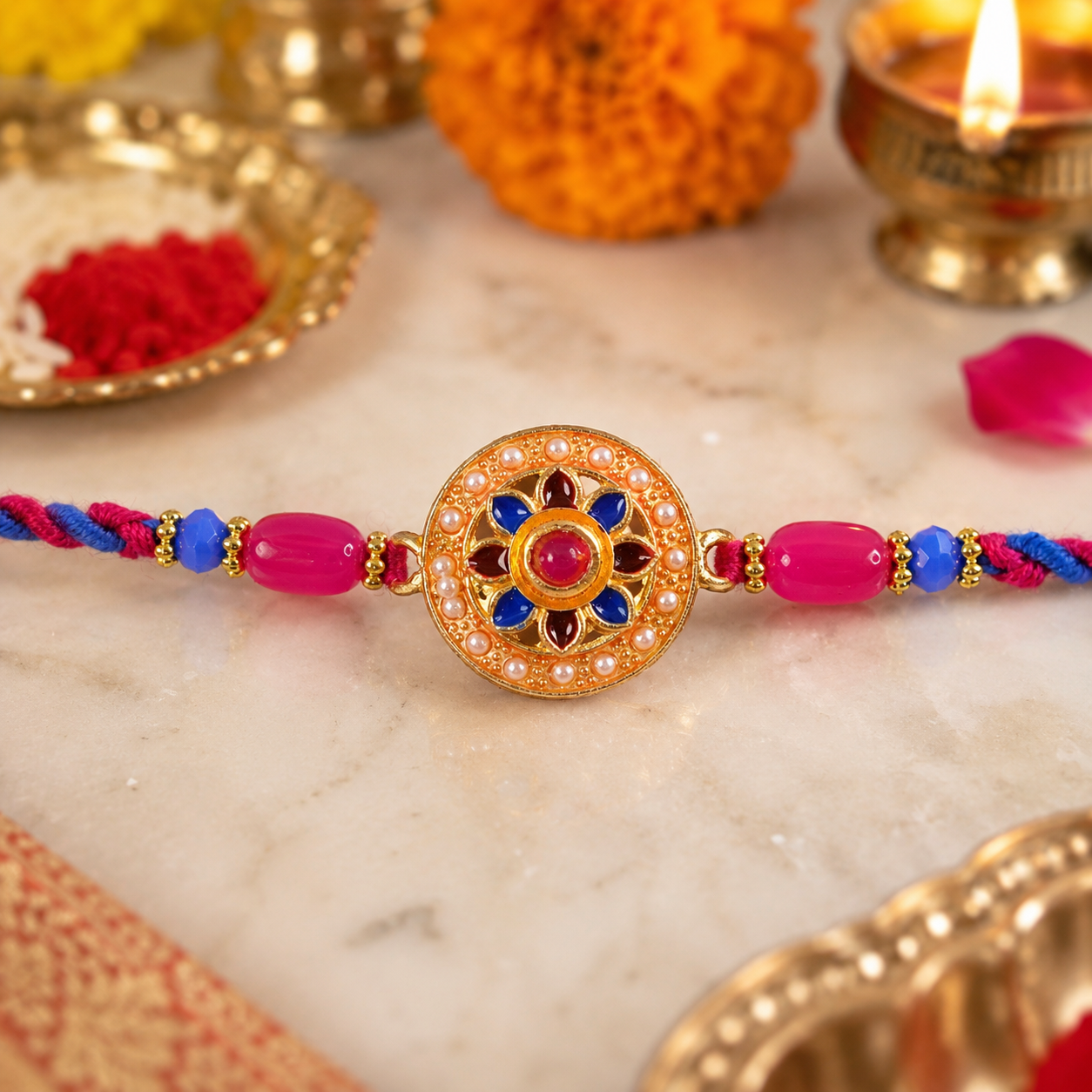 Round Floral Stone Studded Premium Designer Rakhi for Brother