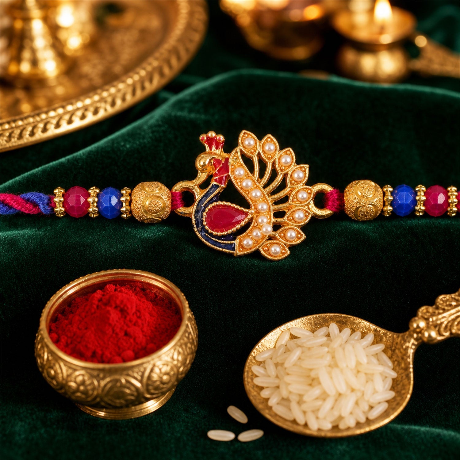 Peacock Paisley Stone Studded Premium Designer Rakhi for Brother