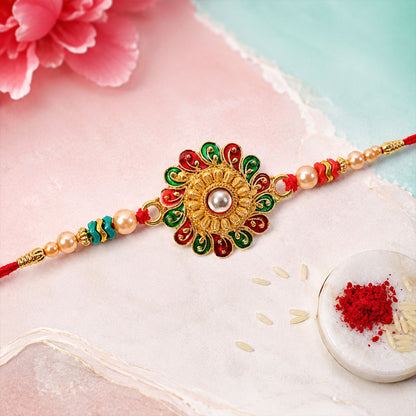 Round Floral Pearl Stone Traditional Designer Rakhi for Brother