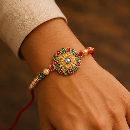 Round Floral Pearl Stone Traditional Designer Rakhi for Brother