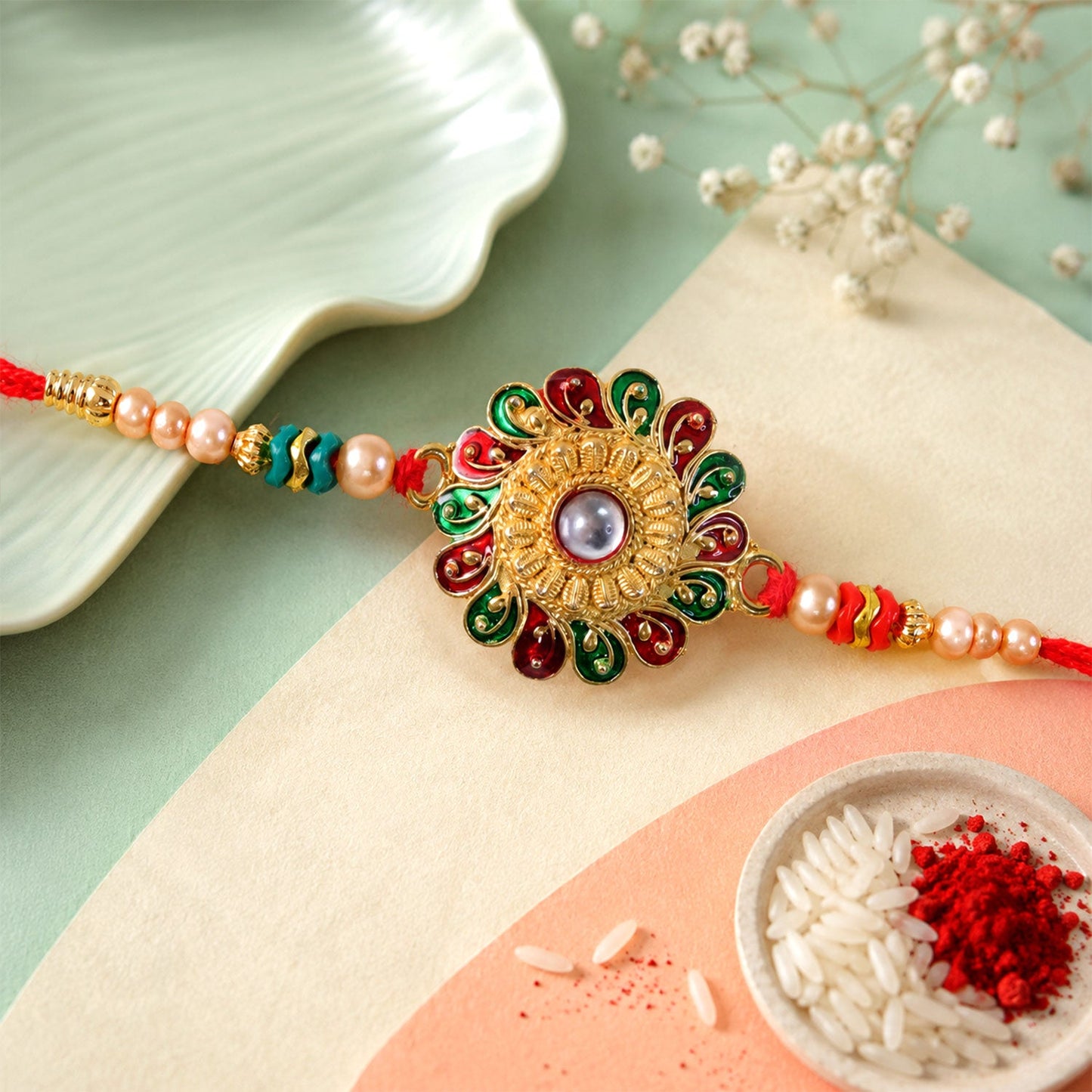 Round Floral Pearl Stone Traditional Designer Rakhi for Brother