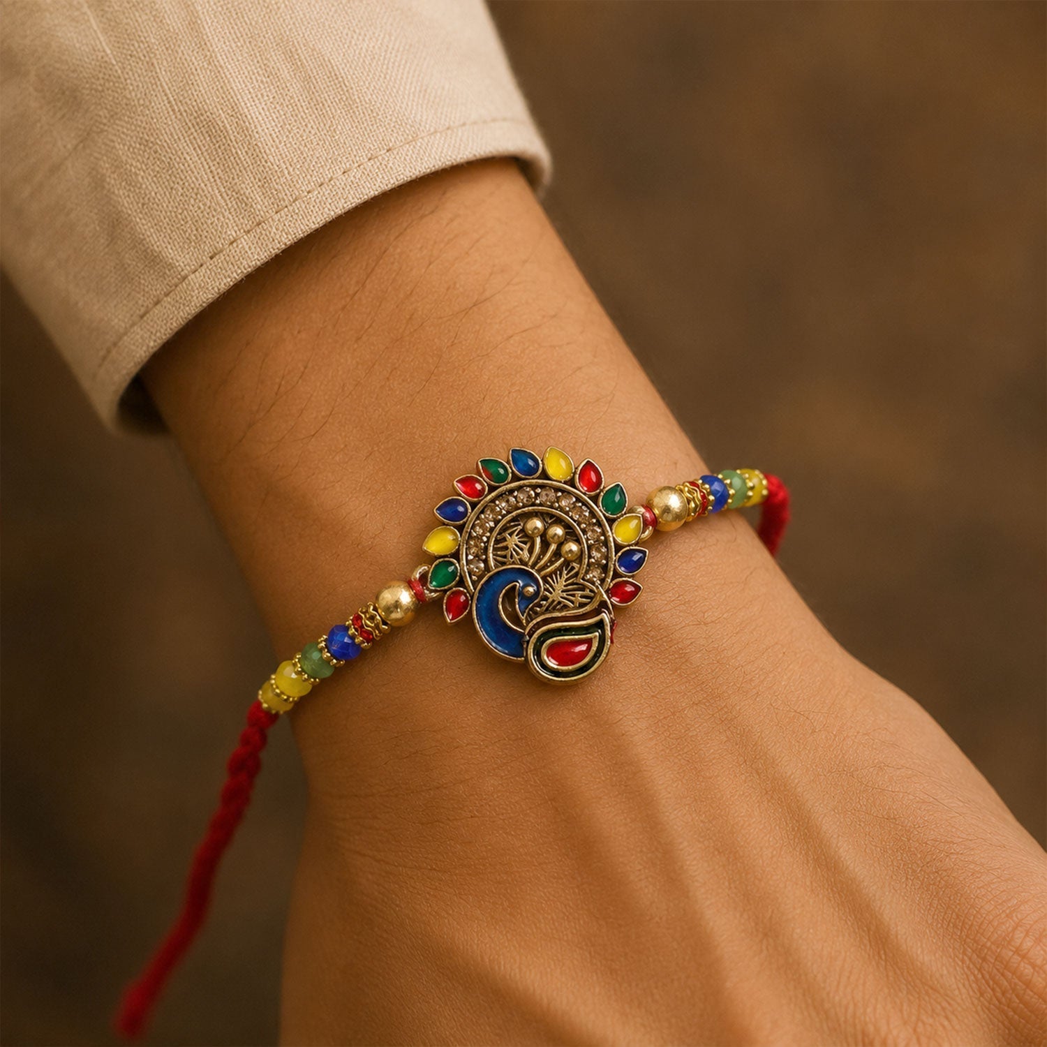 Traditional Peacock Stone Studded Designer Rakhi For Brother