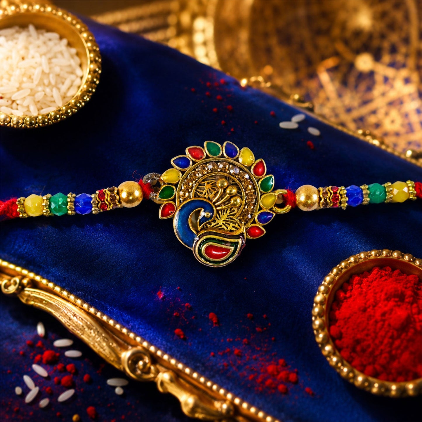 Traditional Peacock Stone Studded Designer Rakhi For Brother