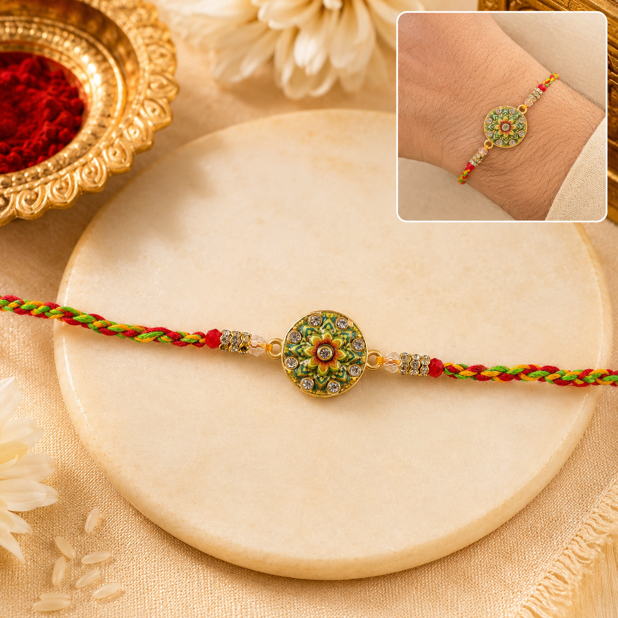 Round Floral Stone Studded Premium Designer Rakhi for Brother