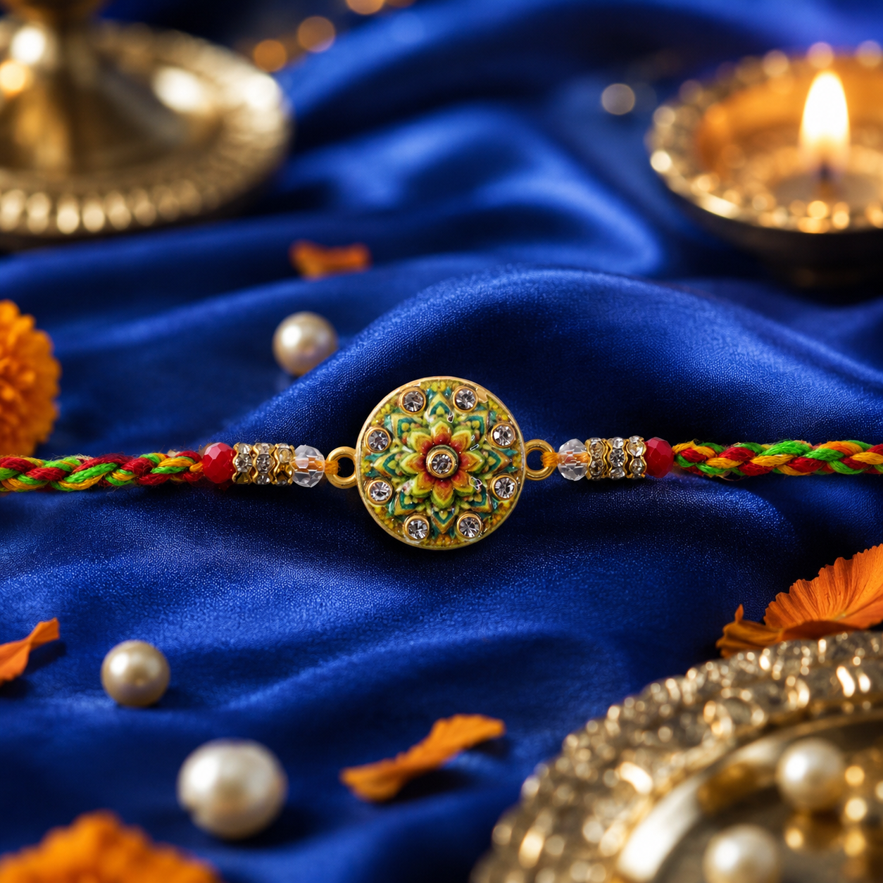 Round Floral Stone Studded Premium Designer Rakhi for Brother