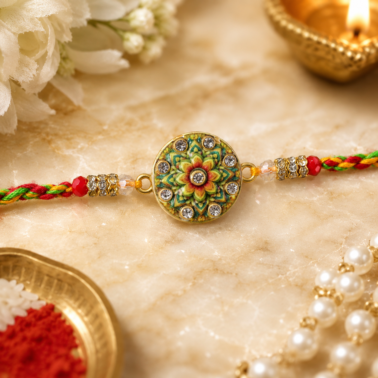 Round Floral Stone Studded Premium Designer Rakhi for Brother