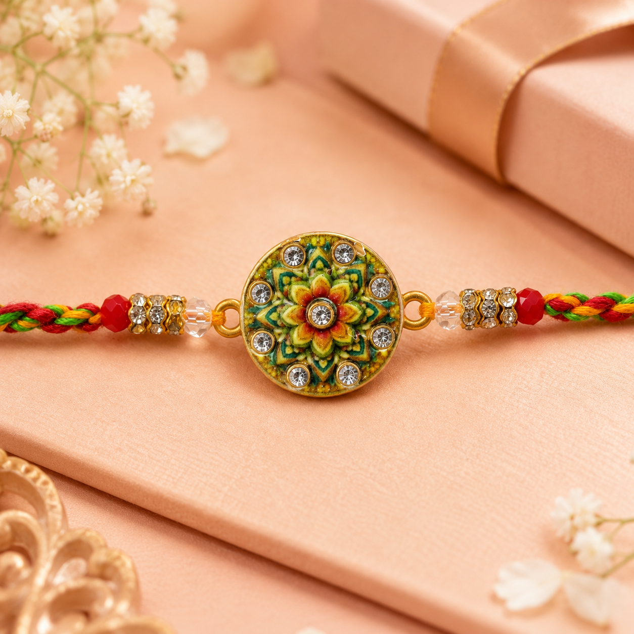 Round Floral Stone Studded Premium Designer Rakhi for Brother