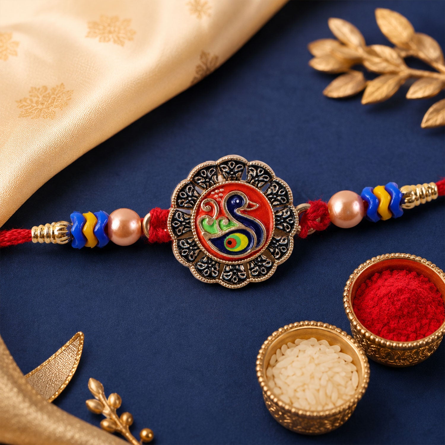 Traditional Peacock Motif Pearl Beads Designer Rakhi For Brother
