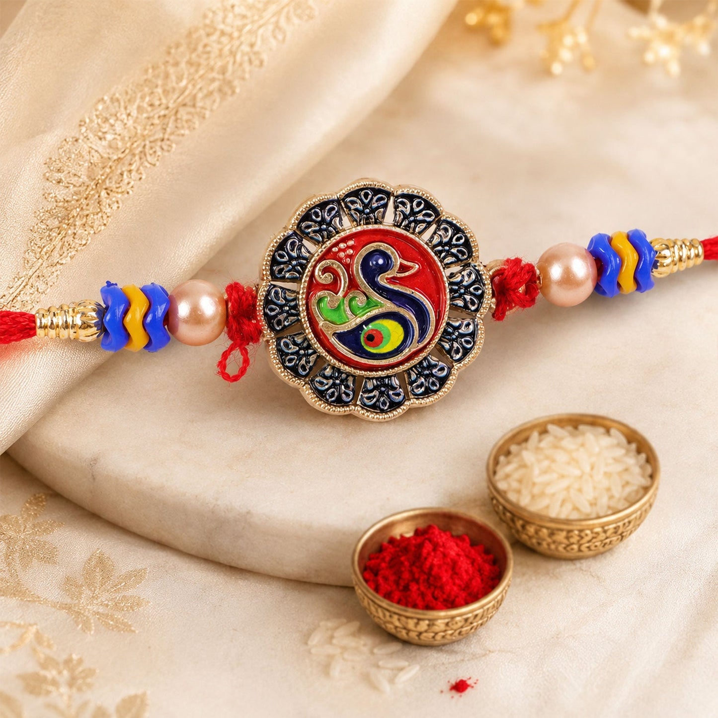 Traditional Peacock Motif Pearl Beads Designer Rakhi For Brother