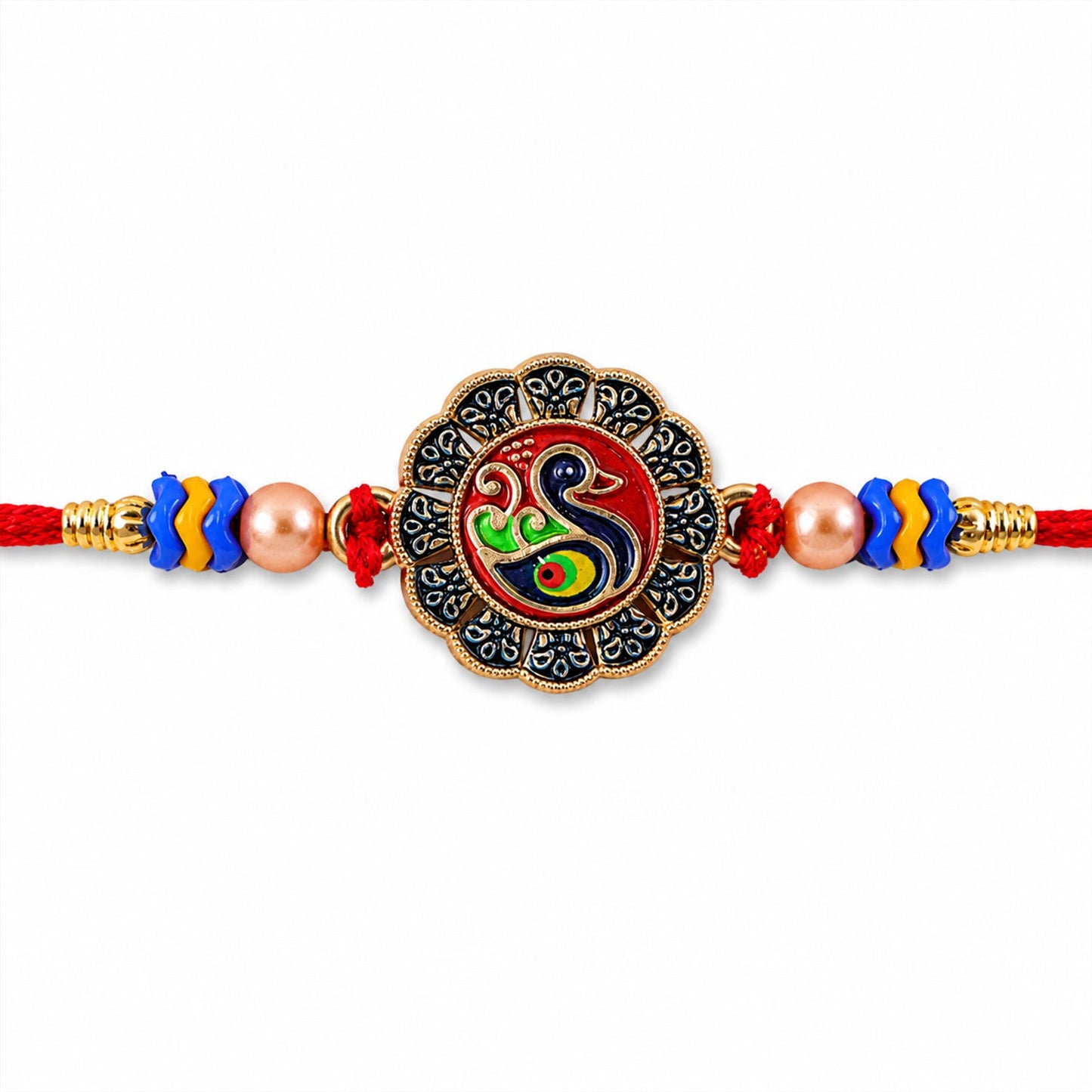 Traditional Peacock Motif Pearl Beads Designer Rakhi For Brother