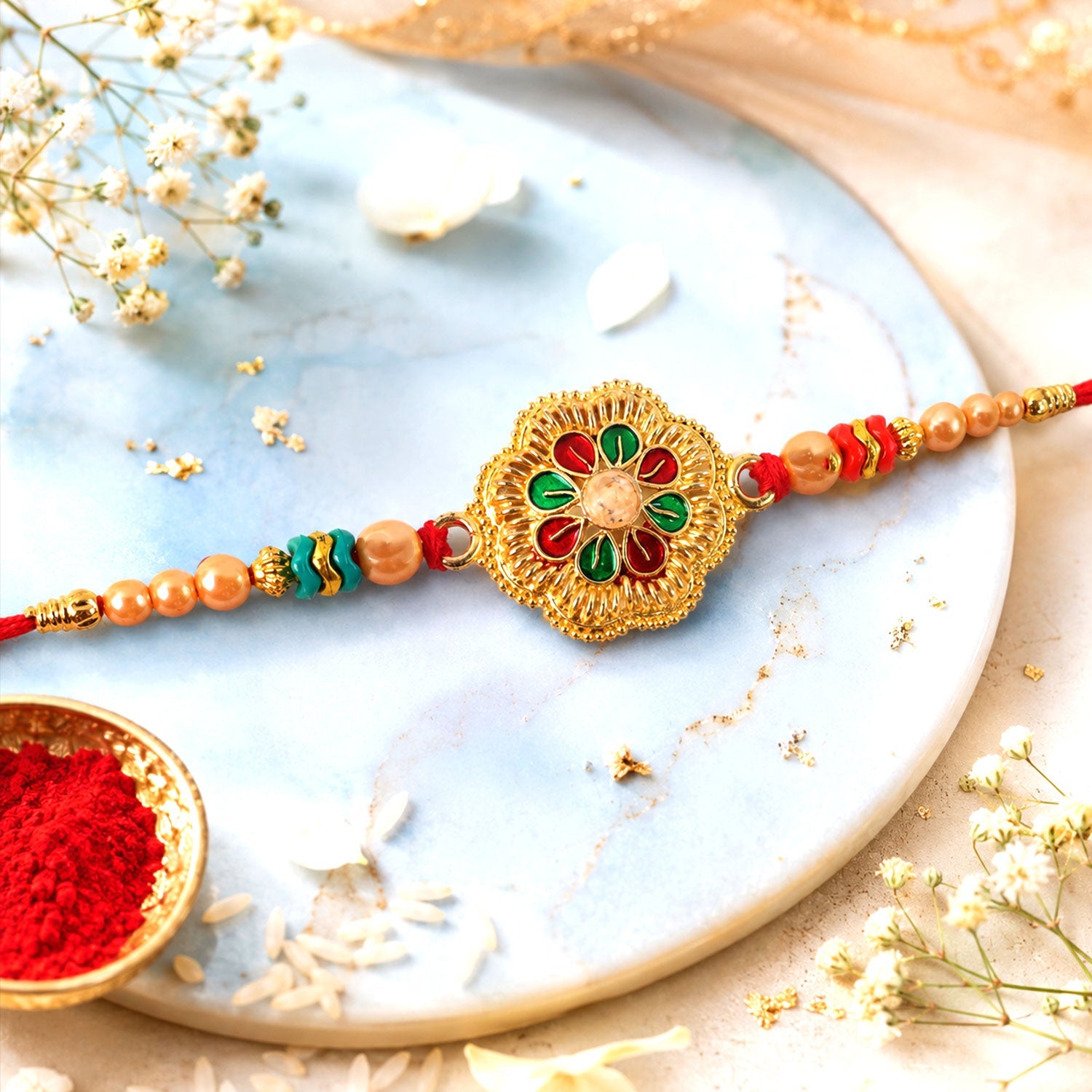 Floral Center Stone Studded Premium Designer Rakhi for Brother