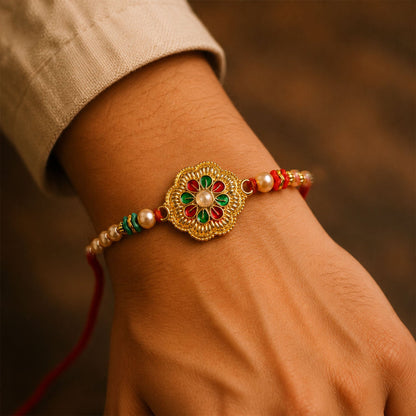 Floral Center Stone Studded Premium Designer Rakhi for Brother