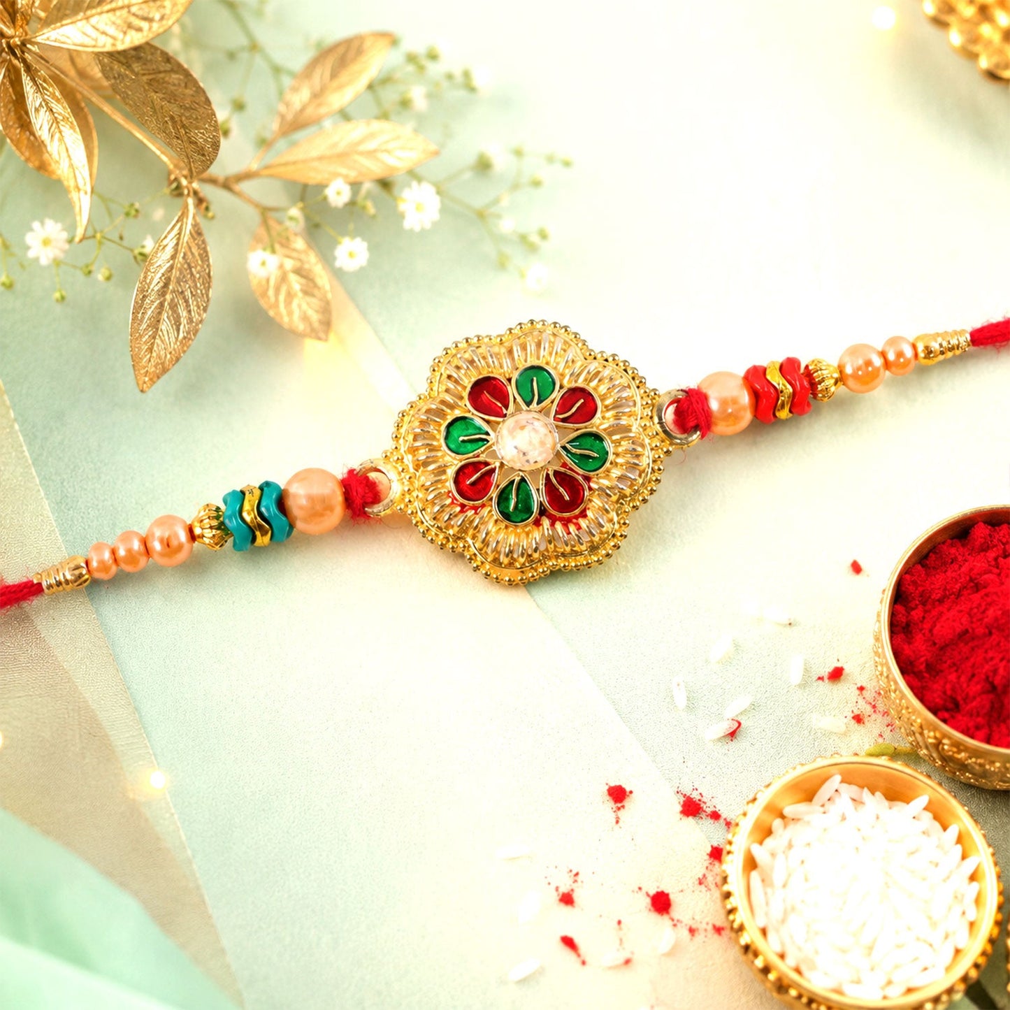 Floral Center Stone Studded Premium Designer Rakhi for Brother