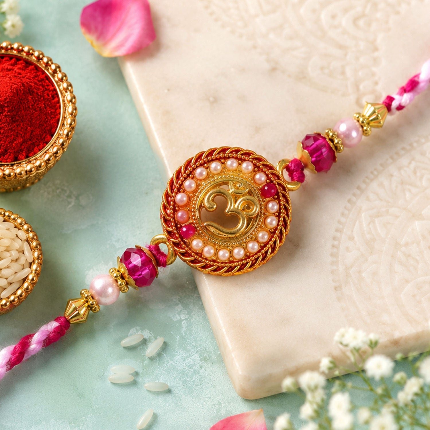 Om Symbol Round Stone Studded Premium Designer Rakhi for Brother