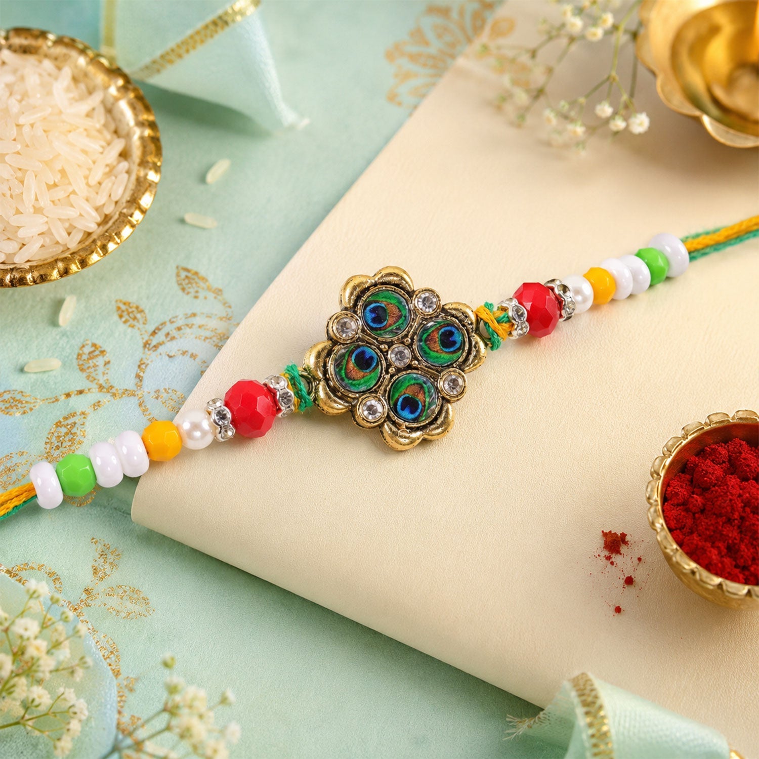 Floral Stone Cluster Premium Beaded Designer Rakhi for Brother