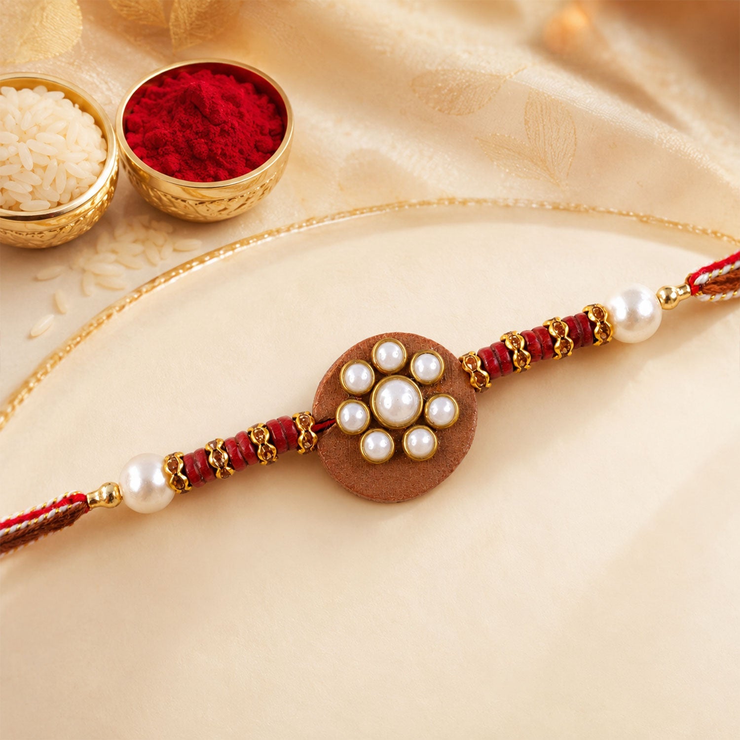 Round Pearl Stone Traditional Designer Rakhi for Brother