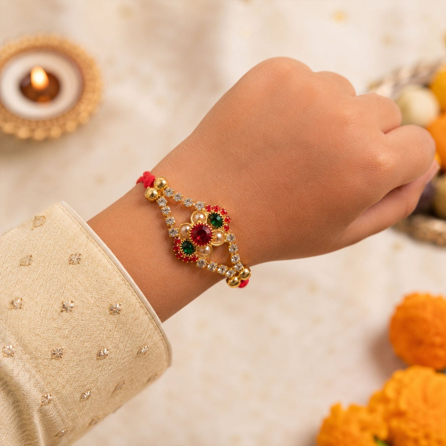 Floral Stone Studded Designer Premium Traditional Rakhi for Brother