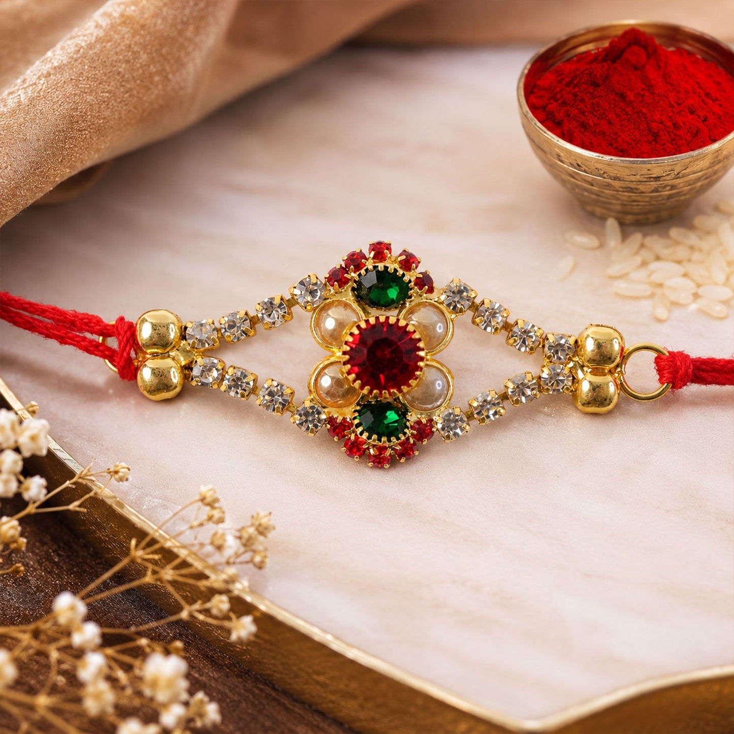 Floral Stone Studded Designer Premium Traditional Rakhi for Brother