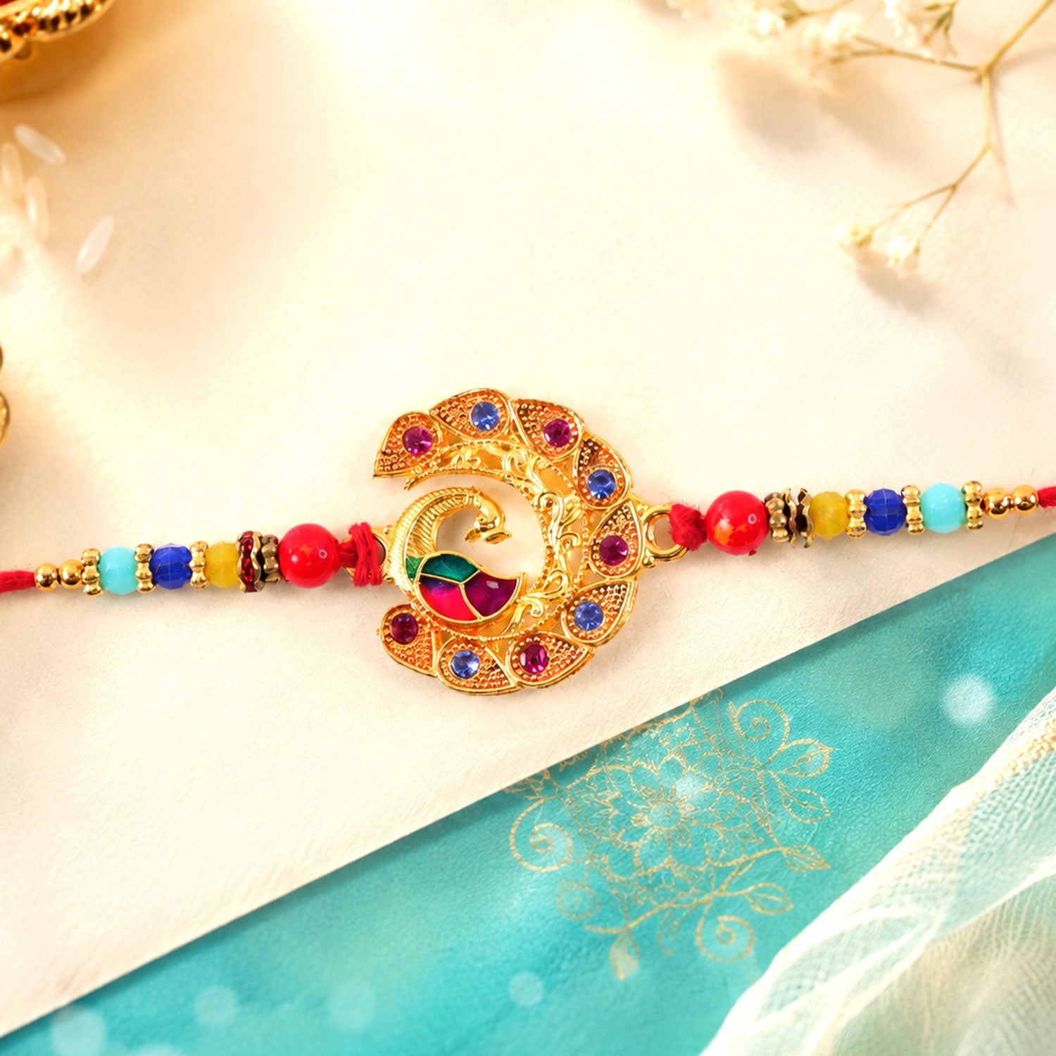 Peacock Motif Stone Studded Designer Rakhi for Brother