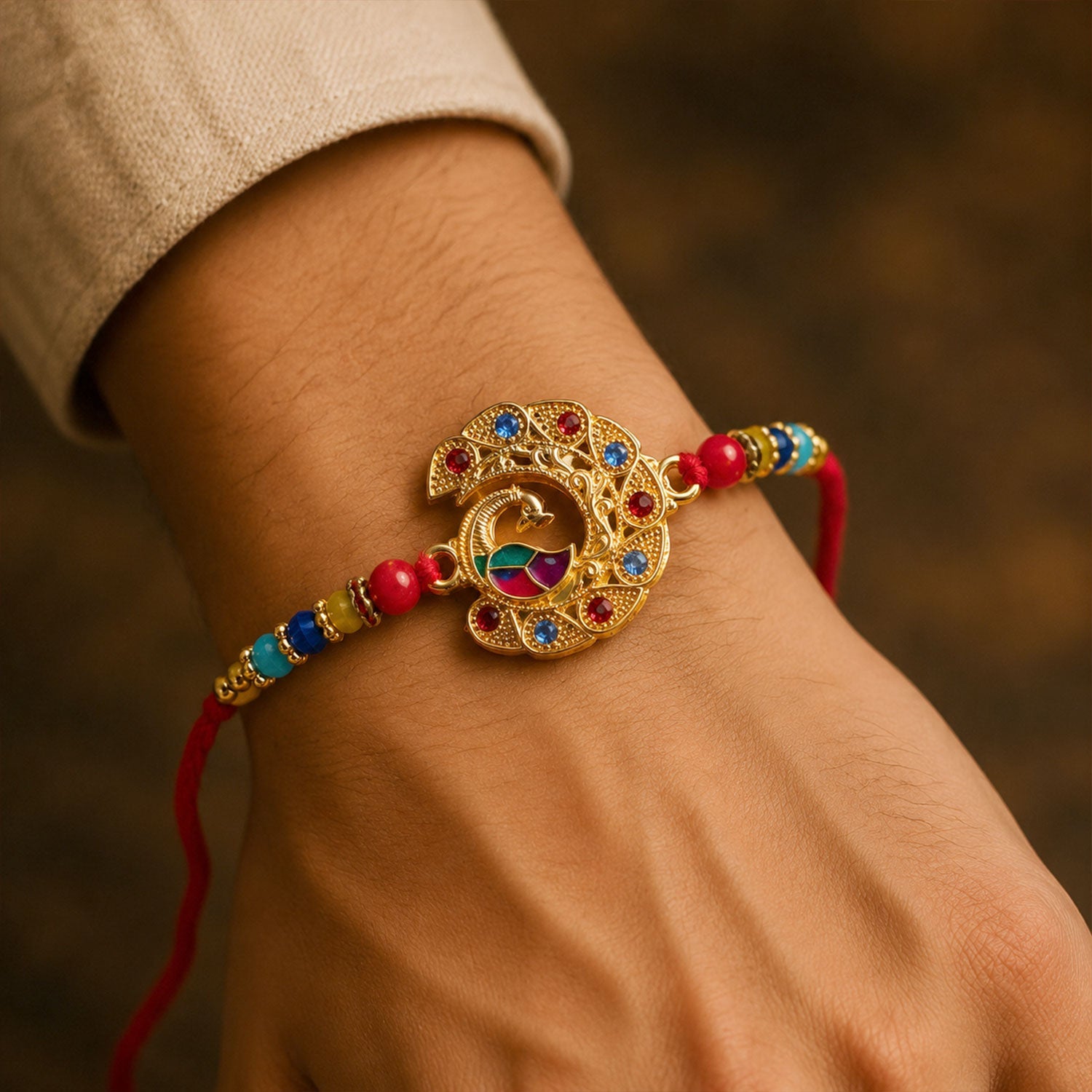 Peacock Motif Stone Studded Designer Rakhi for Brother