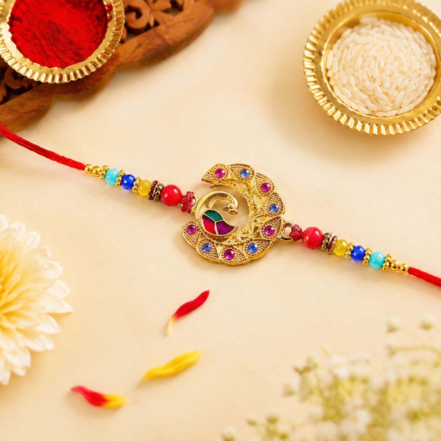 Peacock Motif Stone Studded Designer Rakhi for Brother