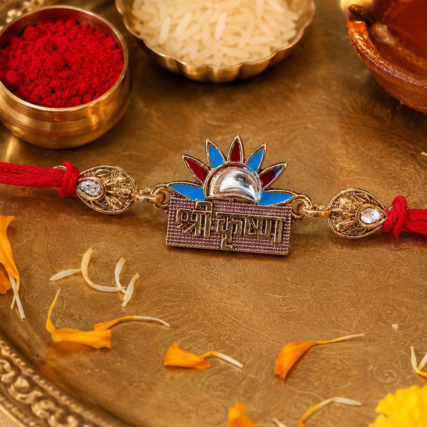 Shree Krishna Text Crown Motif Premium Designer Beaded Rakhi for Brother