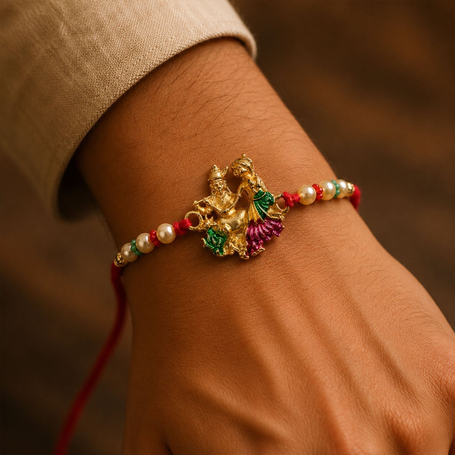 Religious Radha Krishna Motif Rakhi with Beadwork Rakhi for Brother