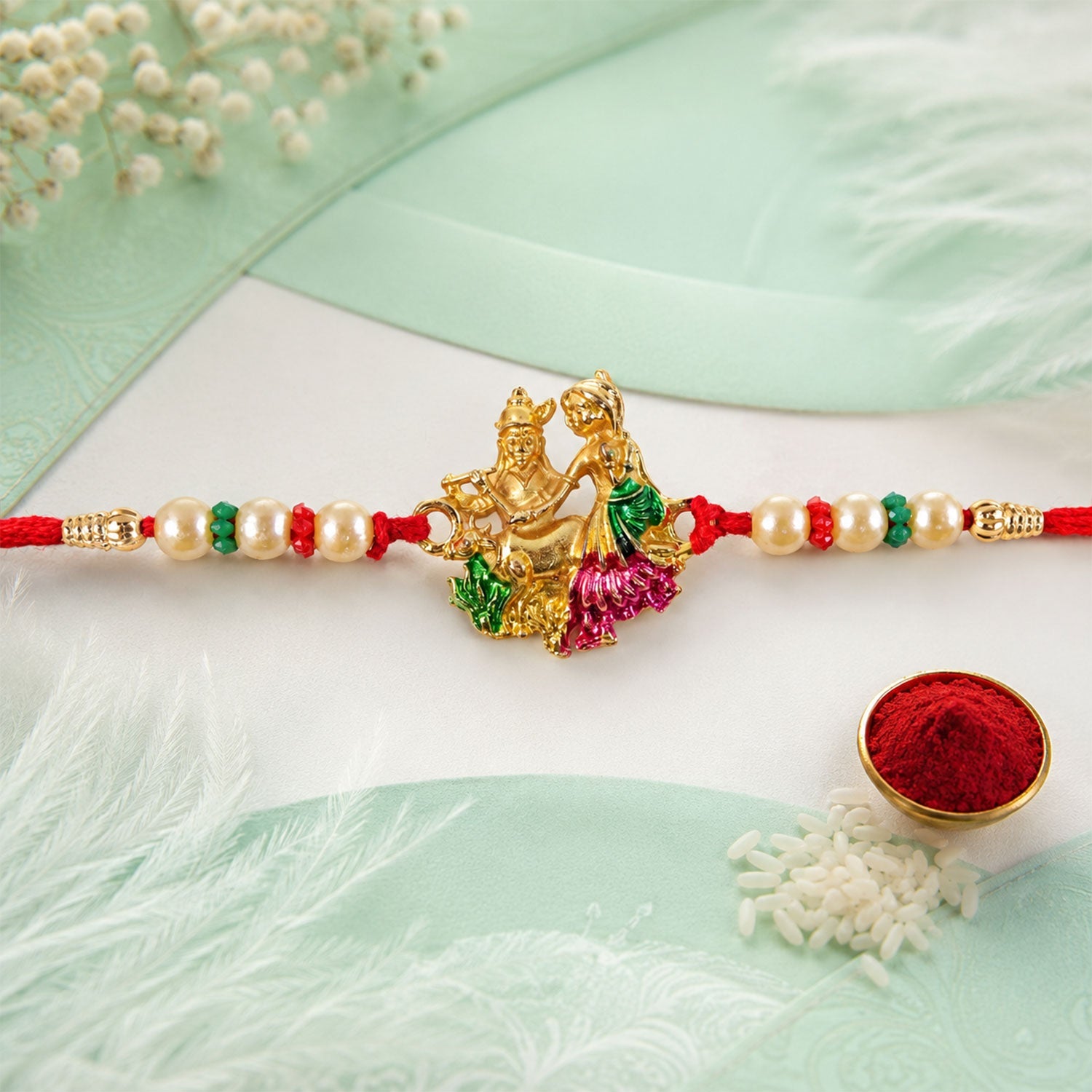 Religious Radha Krishna Motif Rakhi with Beadwork Rakhi for Brother