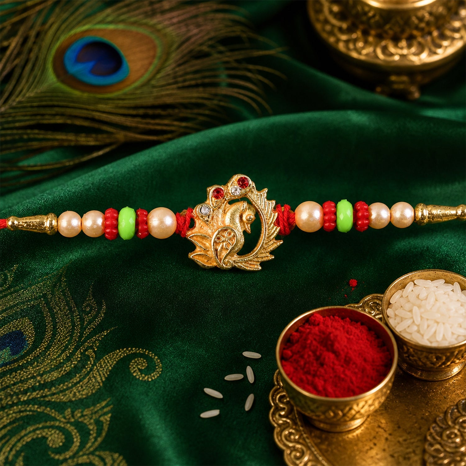 Elegant Peacock Design Rakhi with Pearl Beadwork Rakhi for Brother