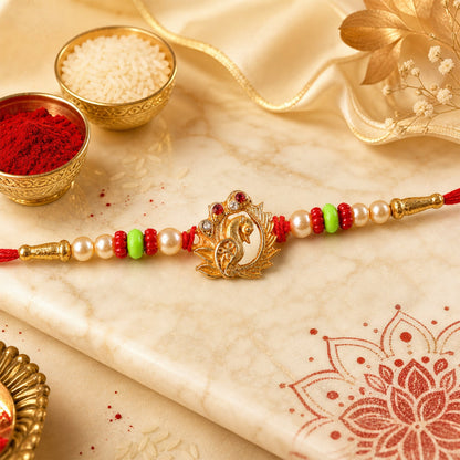 Elegant Peacock Design Rakhi with Pearl Beadwork Rakhi for Brother