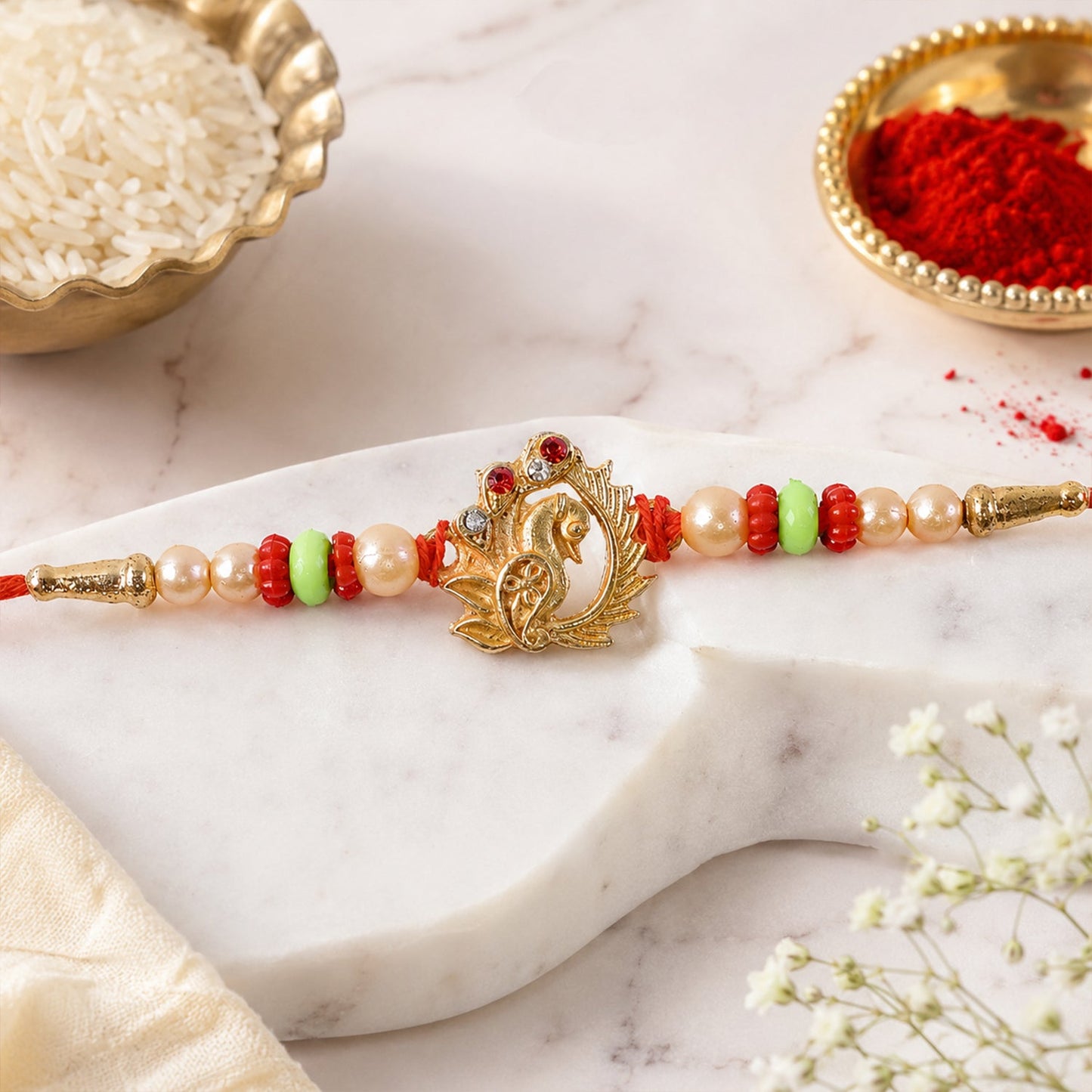 Elegant Peacock Design Rakhi with Pearl Beadwork Rakhi for Brother