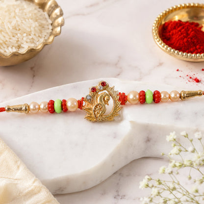 Elegant Peacock Design Rakhi with Pearl Beadwork Rakhi for Brother