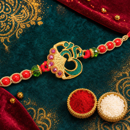 Ornate Om Motif Stone Studded Premium Designer Rakhi for Brother