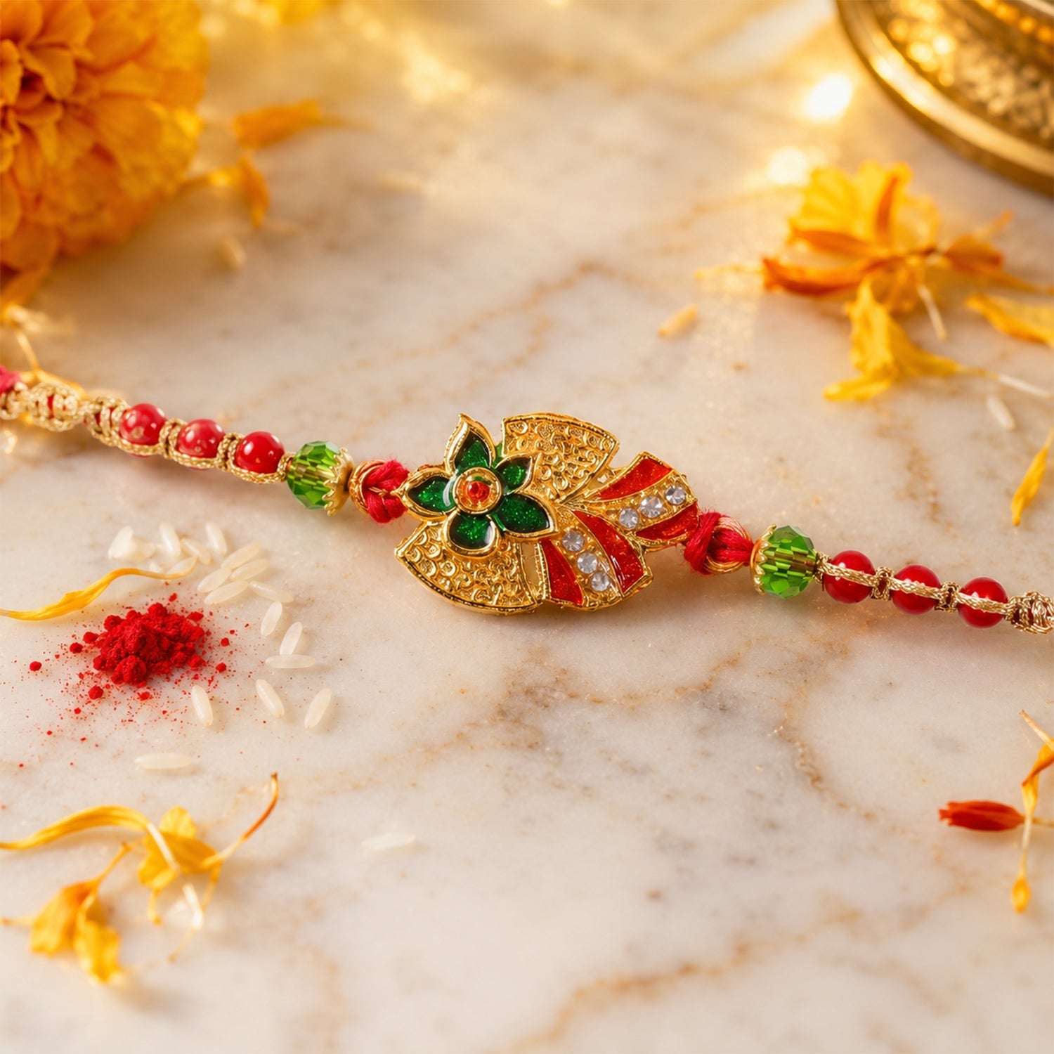 Floral Leaf Motif Beaded Premium Designer Traditional Rakhi for Brother