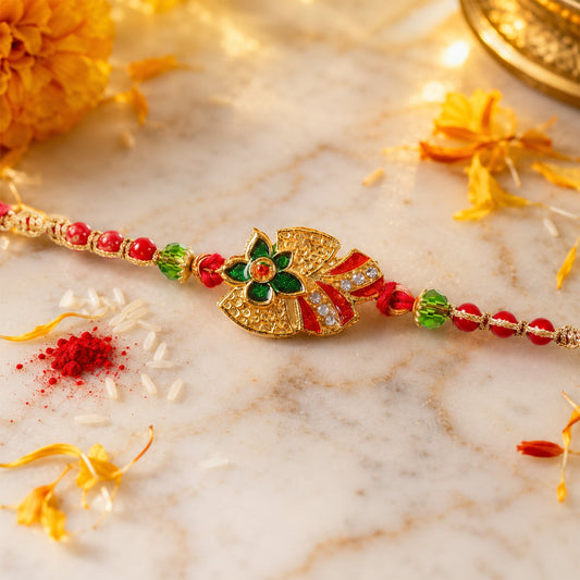 Floral Leaf Motif Beaded Premium Designer Traditional Rakhi for Brother