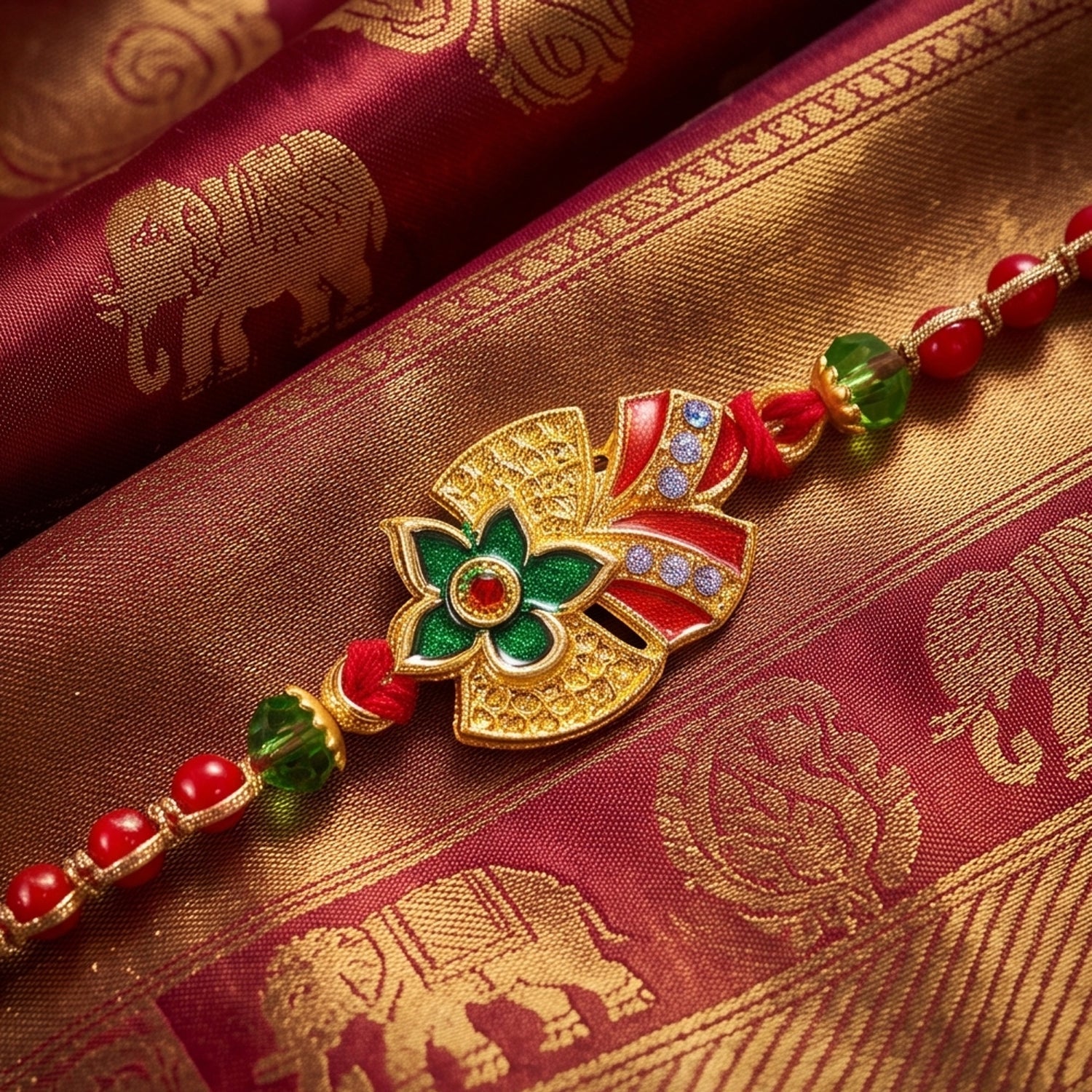 Floral Leaf Motif Beaded Premium Designer Traditional Rakhi for Brother
