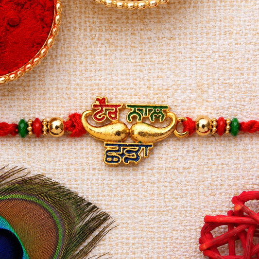 Golden Punjabi Tere Naal Chhada Beaded Rakhi for Brother