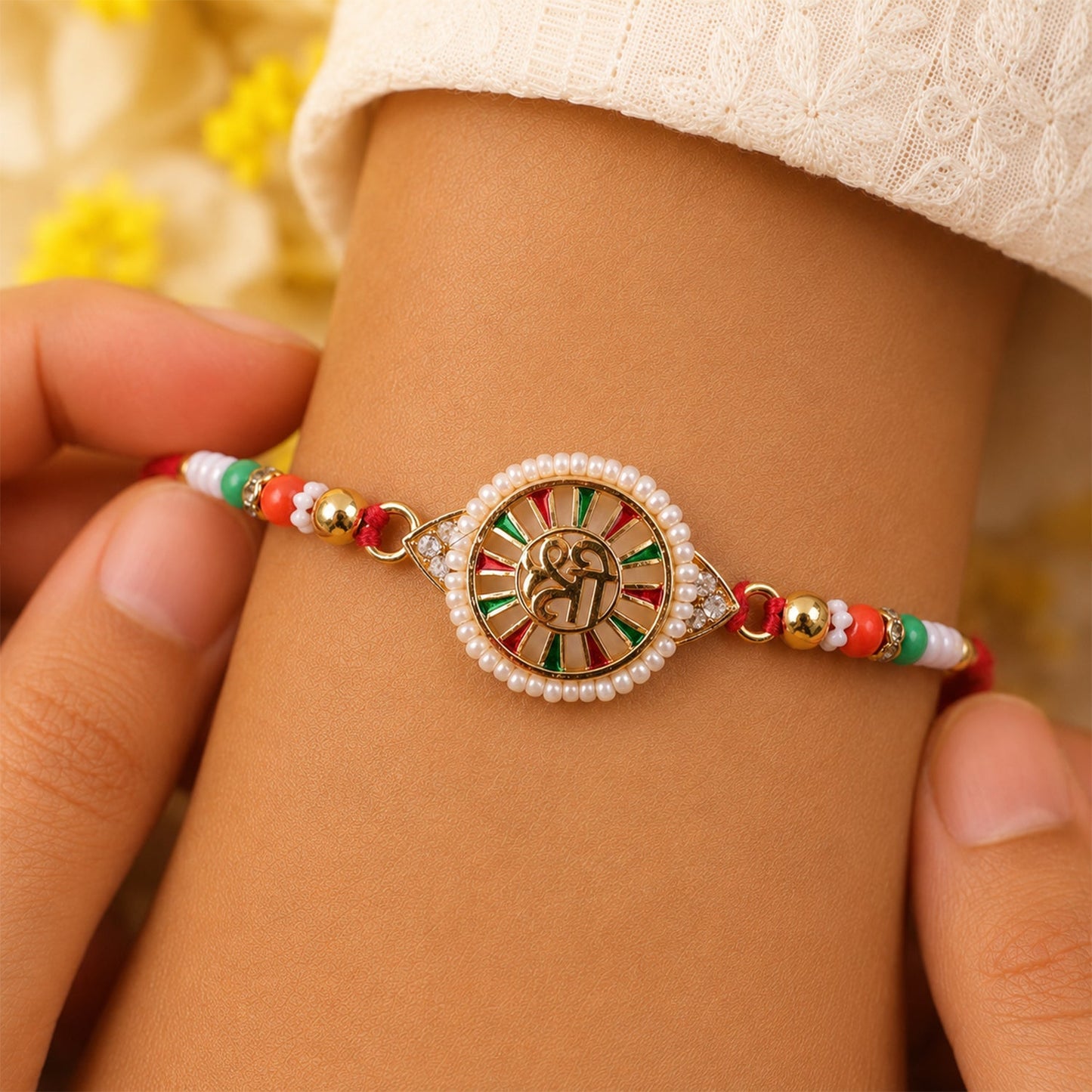 Round Shree Design Stone Traditional Designer Rakhi for Brother